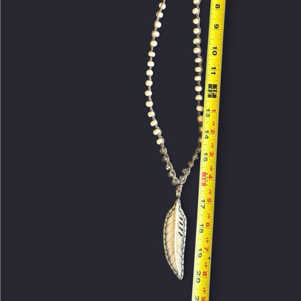 Source Unknown Silver Feather Necklace With Cream… - image 2